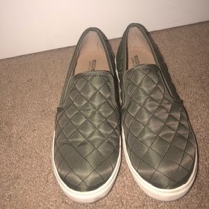 Army green checkered slip ons